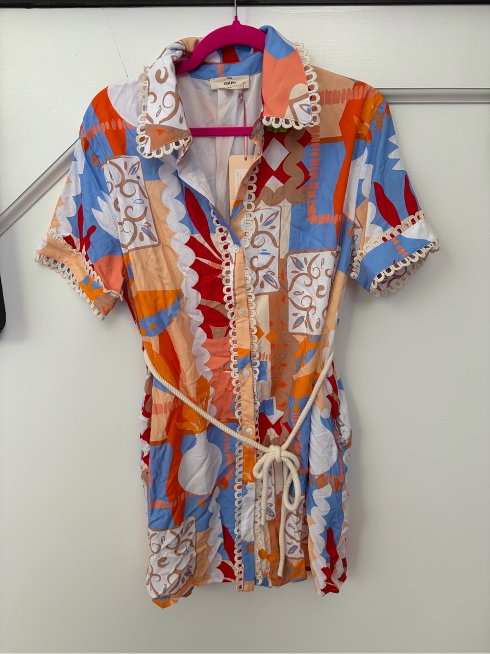 NEW Boutique Colorful Patchwork Short Sleeve Shirt Dress with Tie Waist